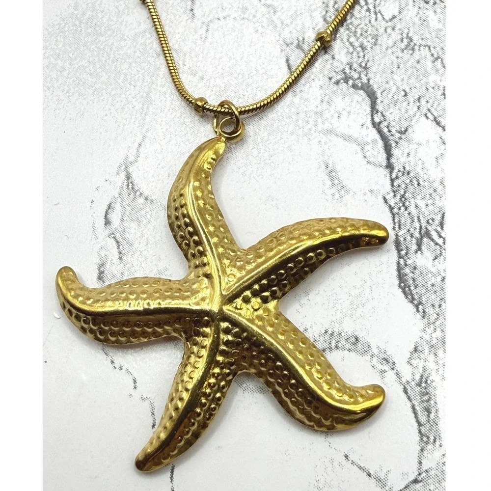 NEW Gold Stainless Steel Starfish Necklace Beach Ocean Pendant 15